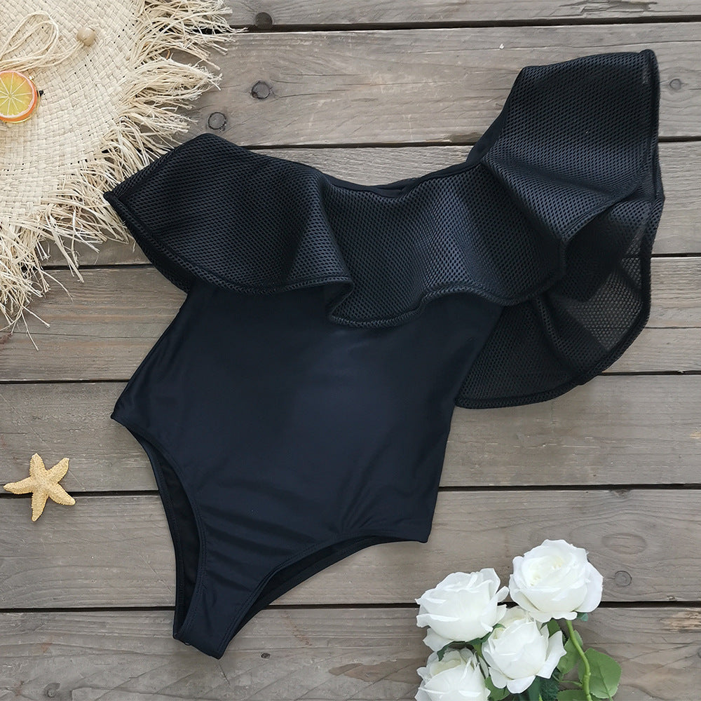 Pure Black One-piece Swimsuit For Women