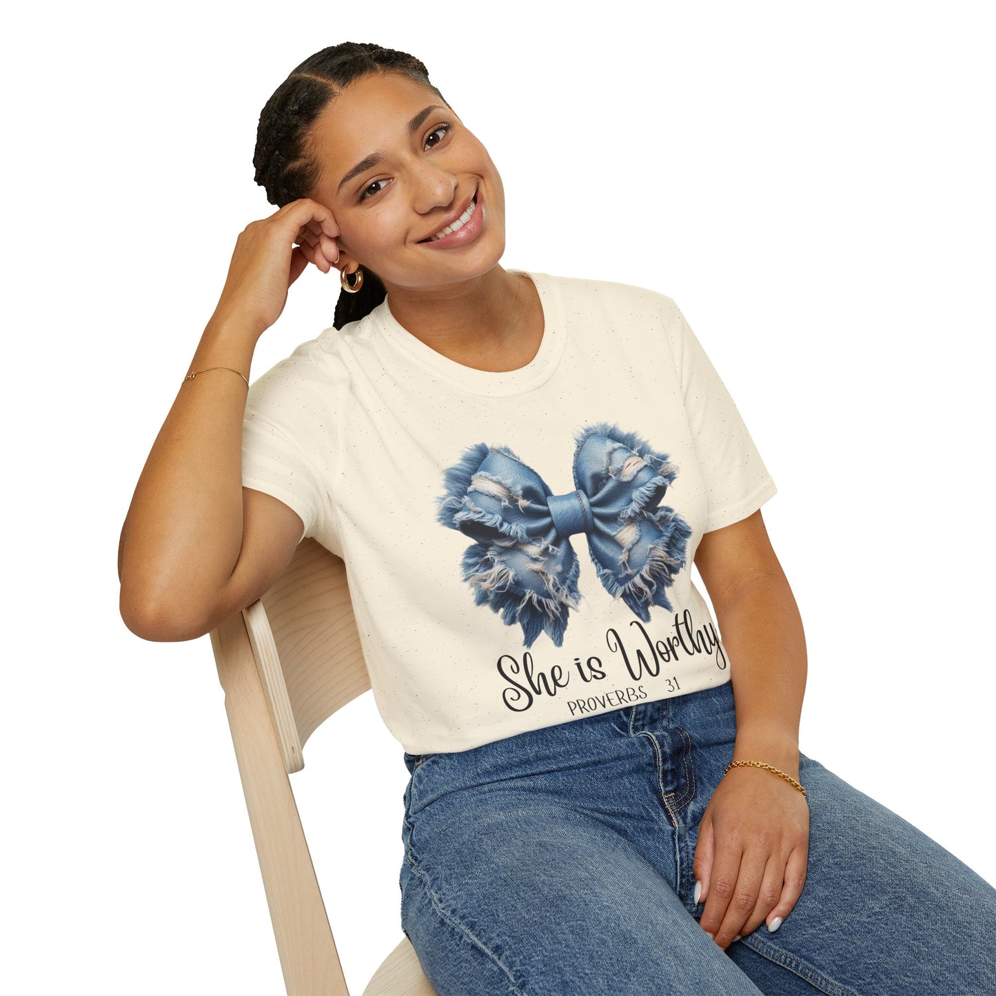 Denim Big Bow She is Worthy Custom Spiritual T-Shirt, empowerment t shirt,