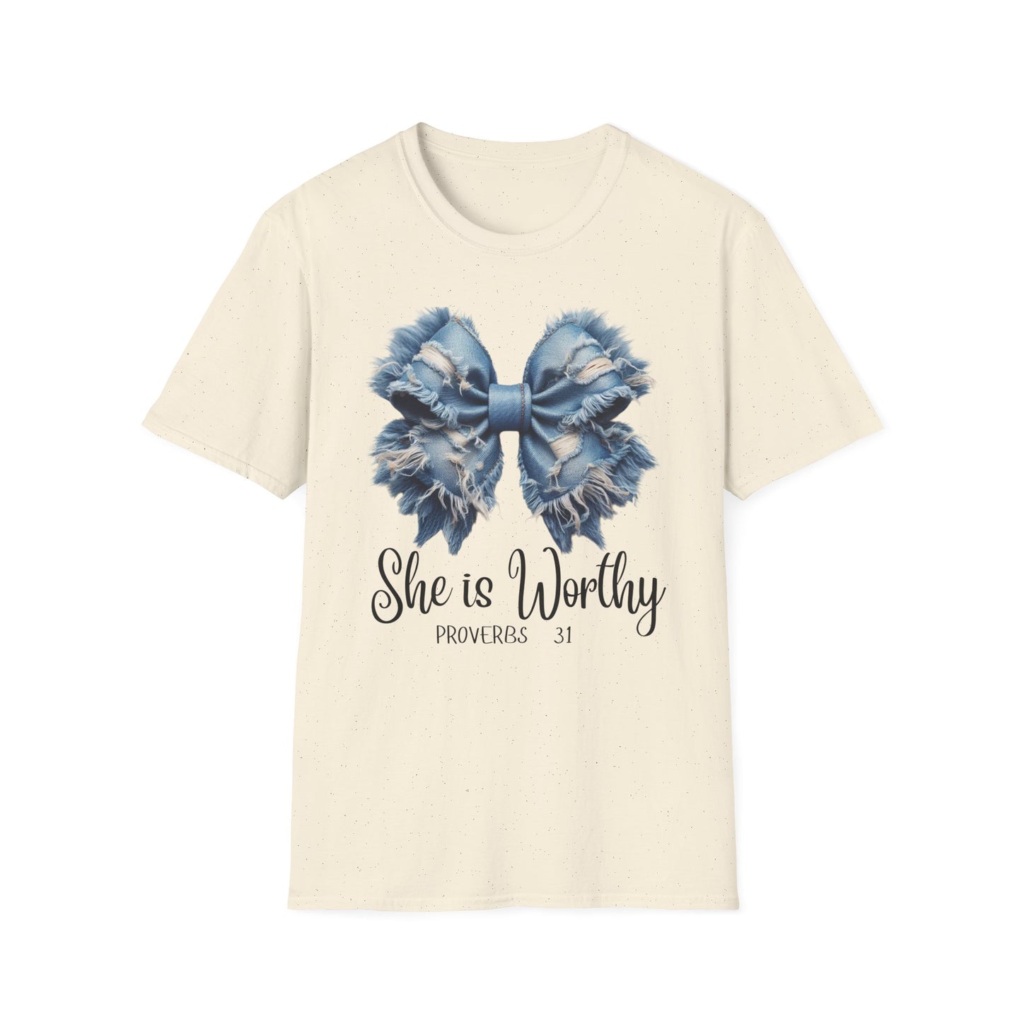 Denim Big Bow She is Worthy Custom Spiritual T-Shirt, empowerment t shirt,