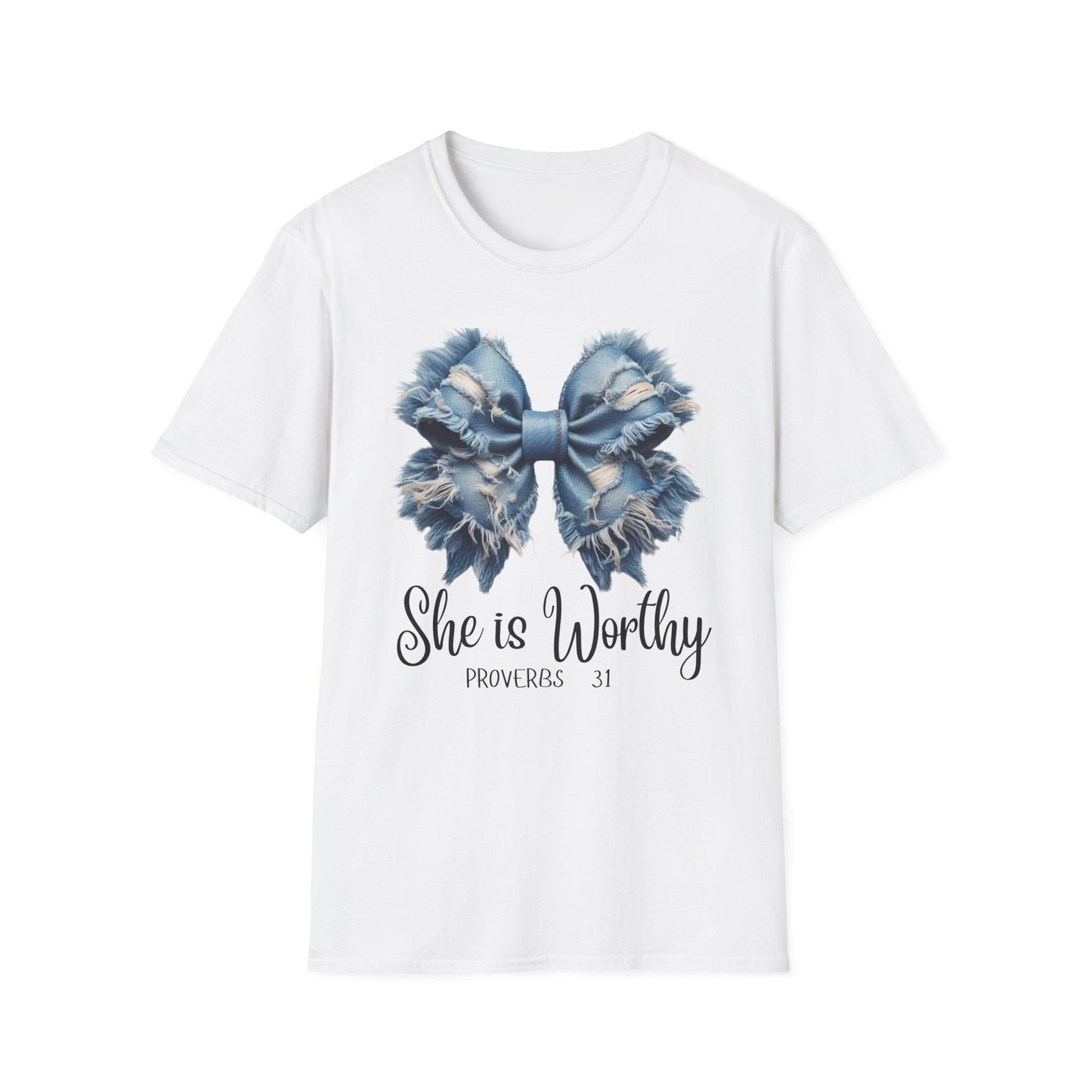 Denim Big Bow She is Worthy Custom Spiritual T-Shirt, empowerment t shirt,