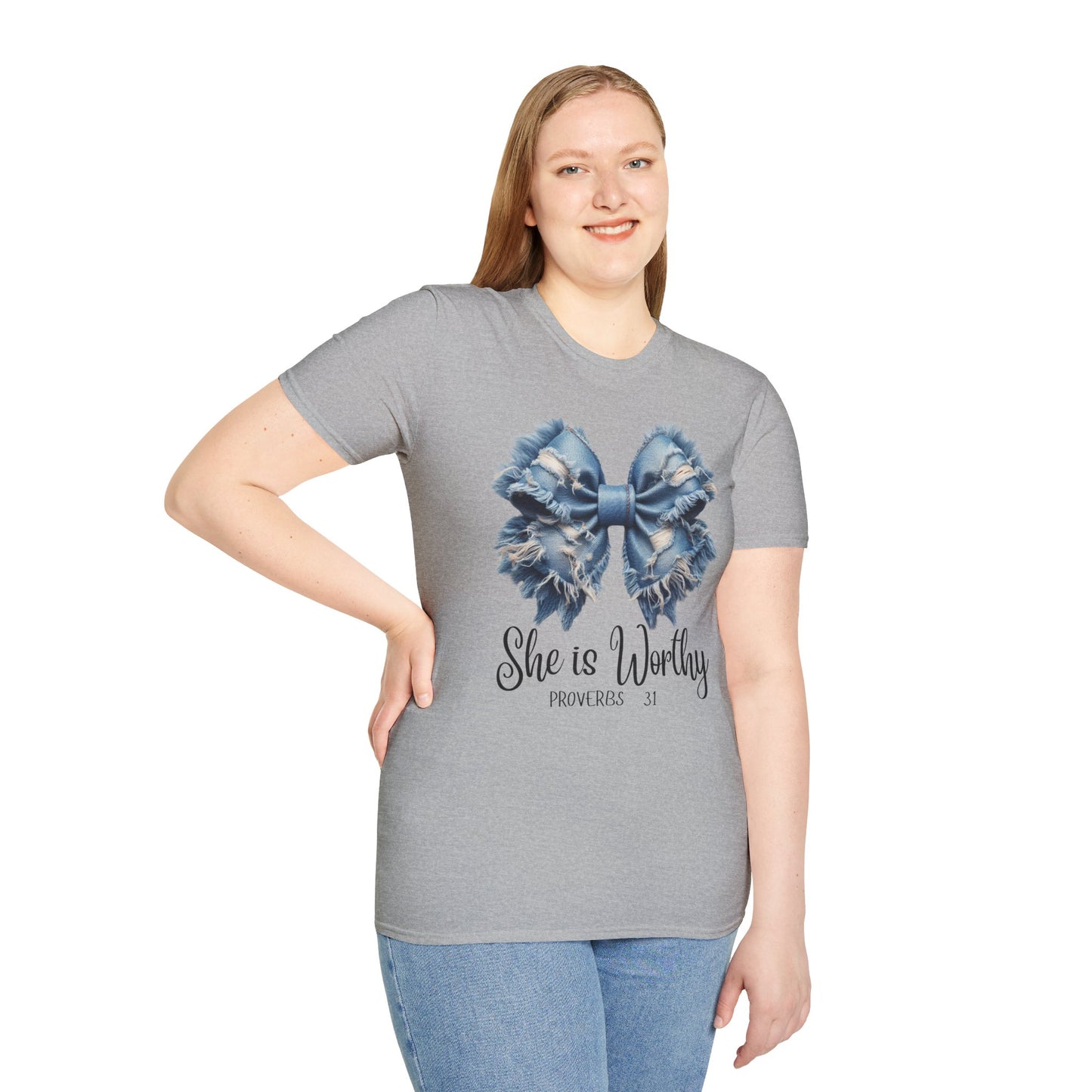 Denim Big Bow She is Worthy Custom Spiritual T-Shirt, empowerment t shirt,