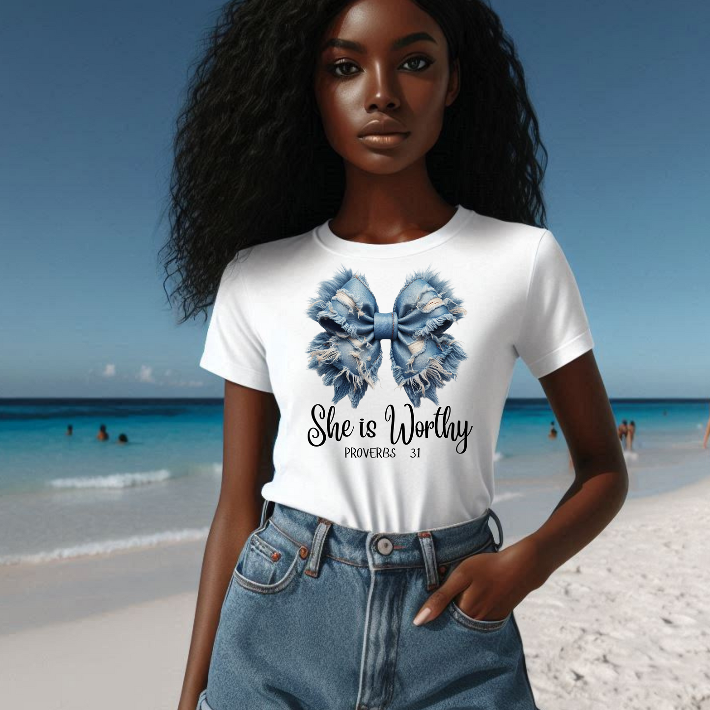 Denim Big Bow She is Worthy Custom Spiritual T-Shirt, empowerment t shirt,