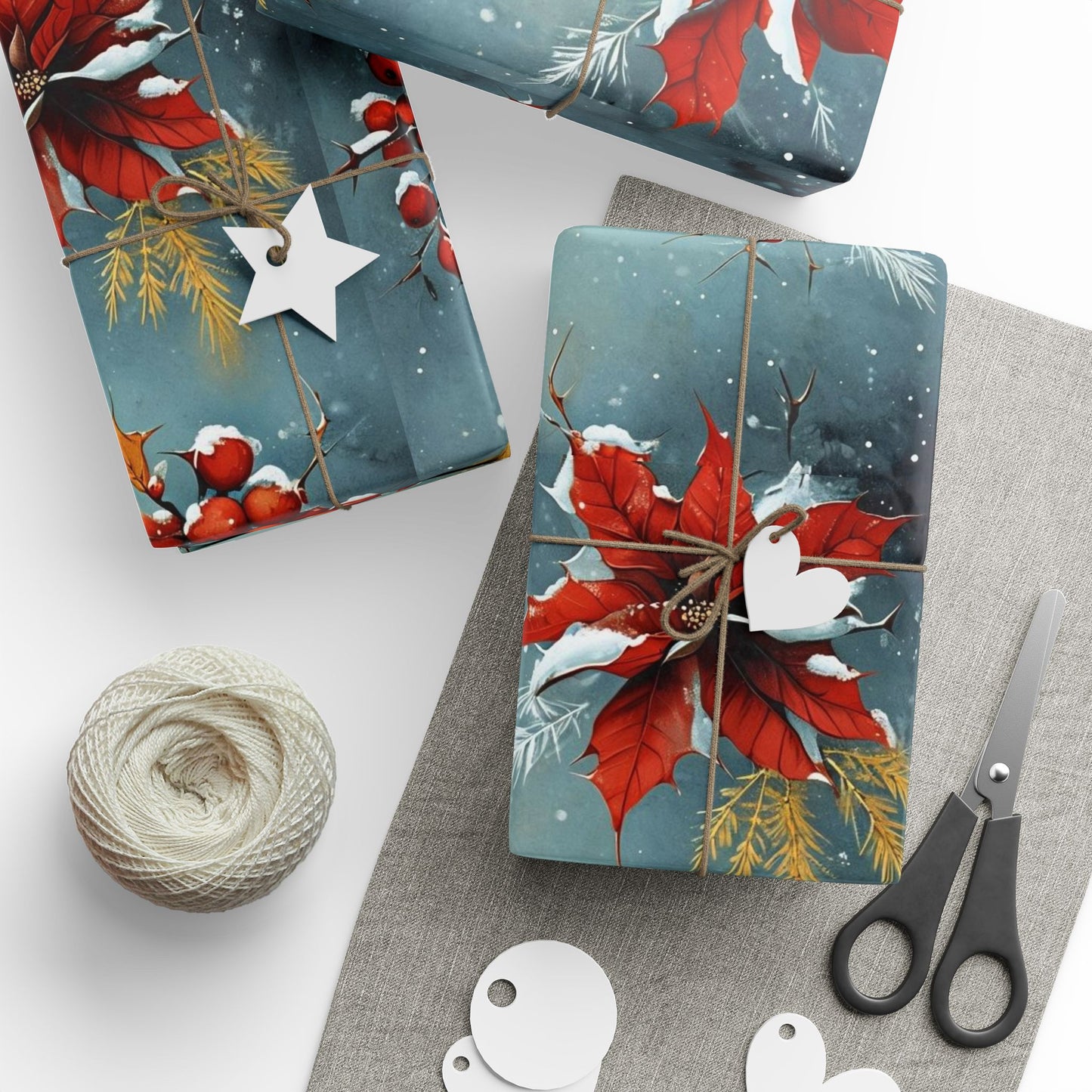 Christmas Wrapping Papers Set - Festive Holiday Gift Wrap, Holly and Poinsettia Design, Xmas Gift Packaging, Winter Seasonal Paper,