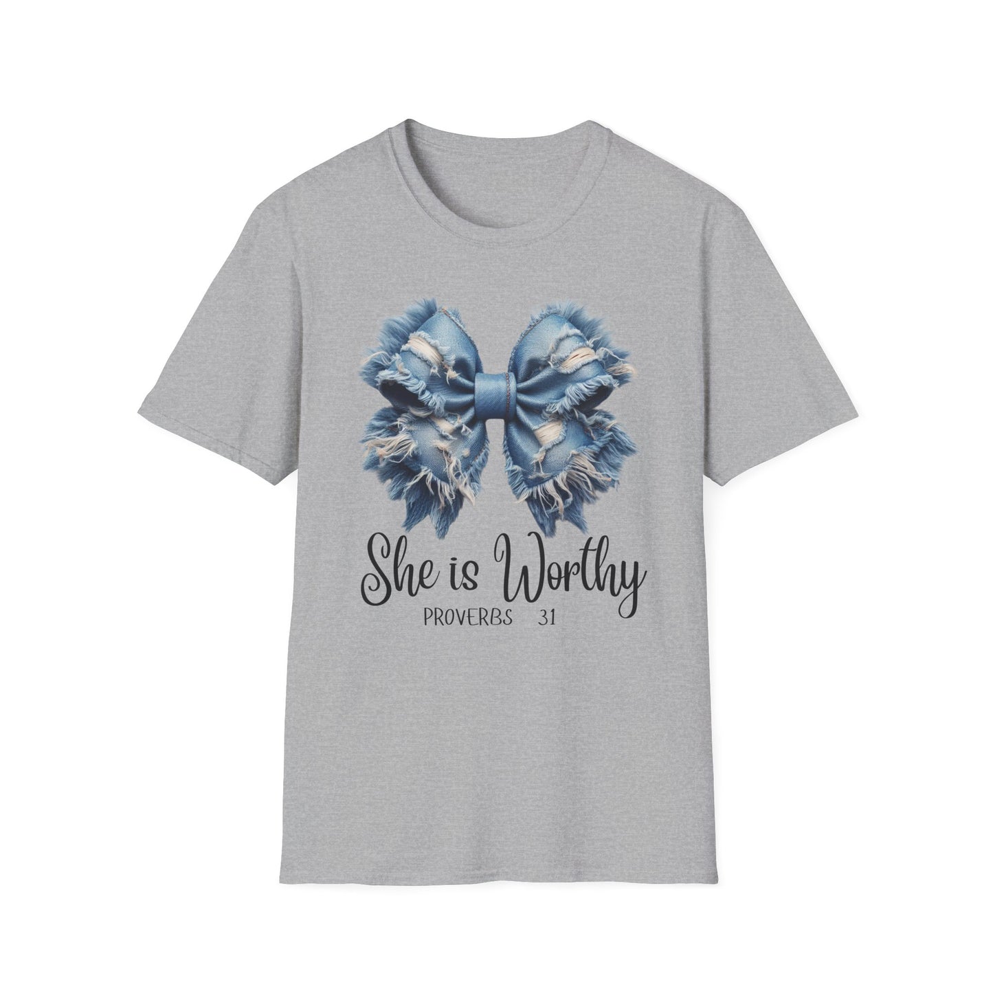 Denim Big Bow She is Worthy Custom Spiritual T-Shirt, empowerment t shirt,