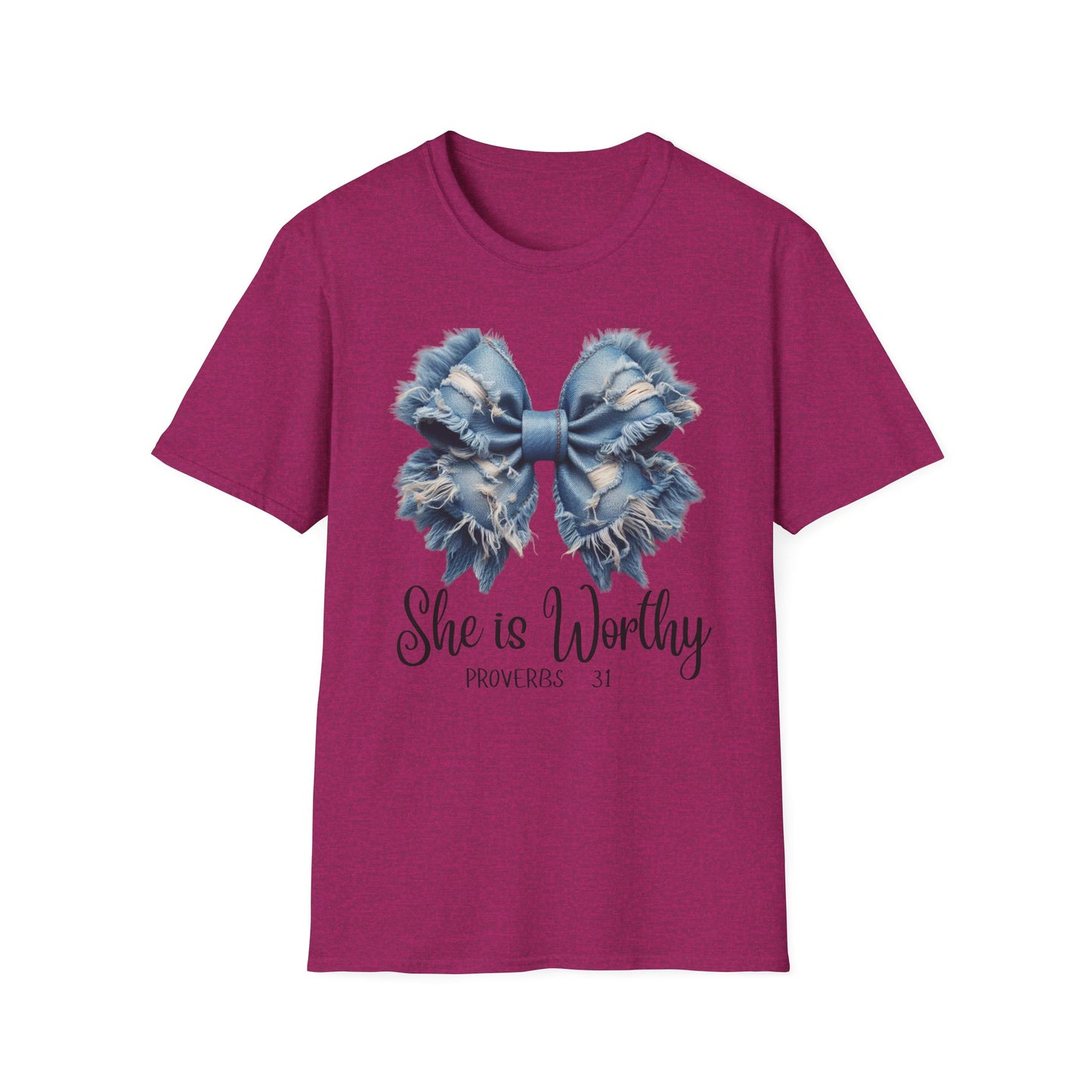 Denim Big Bow She is Worthy Custom Spiritual T-Shirt, empowerment t shirt,